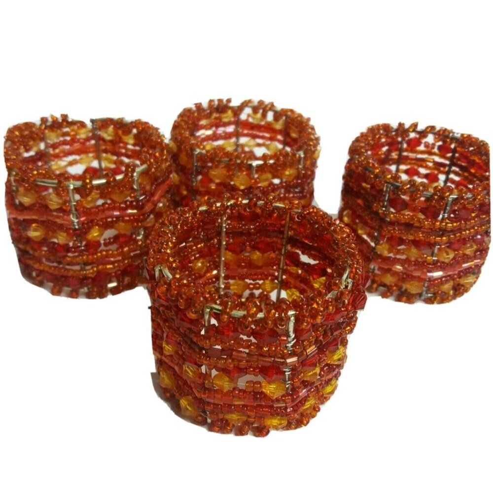 4 pc Crate & Barrel Holiday Beaded Napkin Rings Fall Red Gold Orange Sparkle